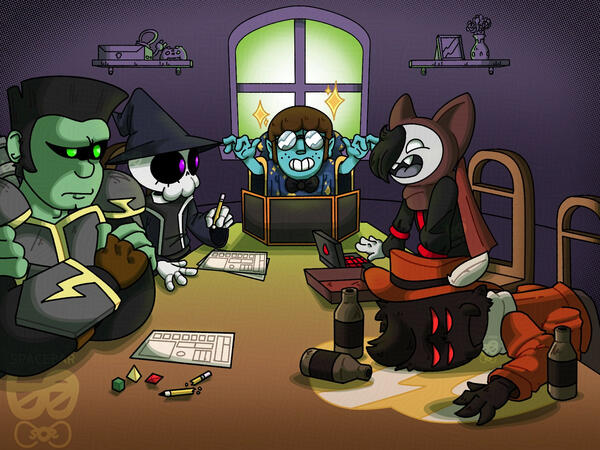 Fanart of the characters Bolt, Alice, Jekyll, Beatrice and Webs from the indie game *Horrorvale* all around a table playing Dungeons and Dragons together